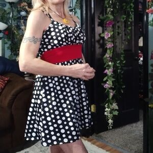 Retro/Rockabilly Design Polka Dot Sundress with Red Waistband